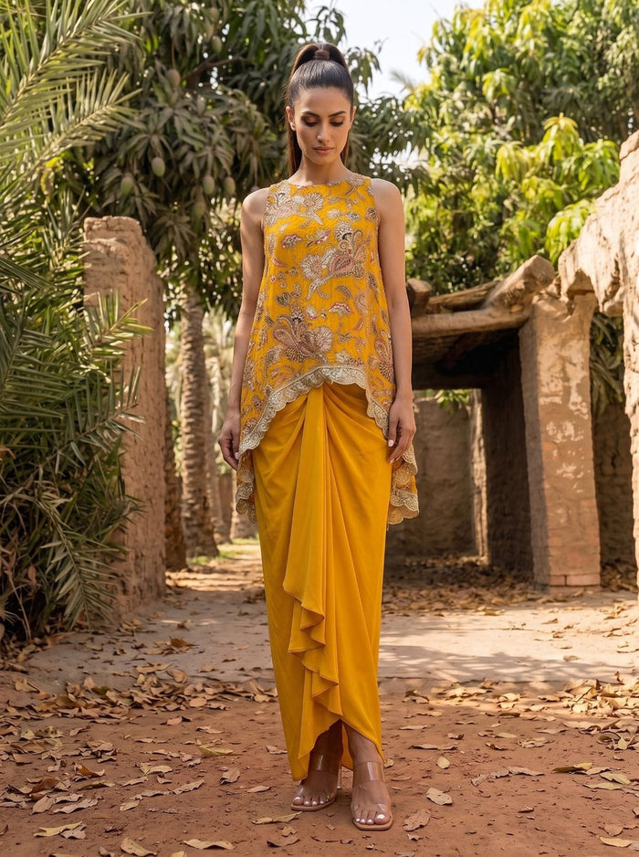 Mustard High-Low Top & Pleated Skirt Set