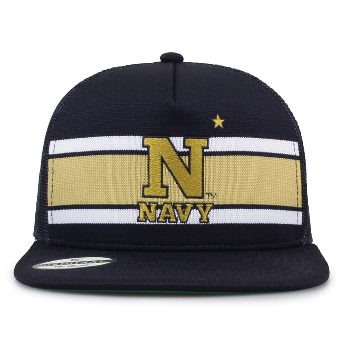 United States Naval Academy (Navy) Class of '92 trucker hat, front view with embroidered logo and stripes