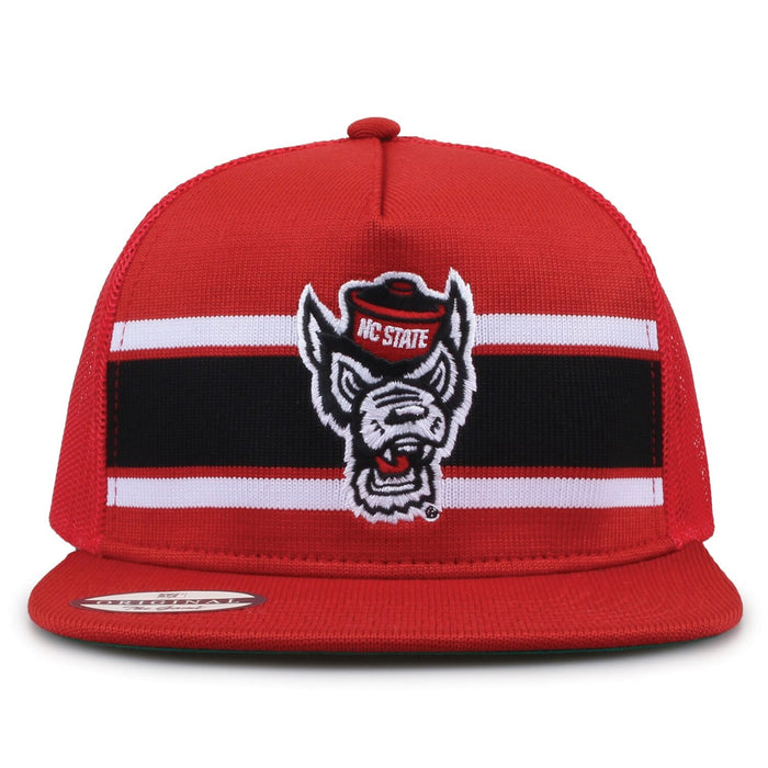 North Carolina State University Class of '92 trucker hat, front view with embroidered logo and stripes