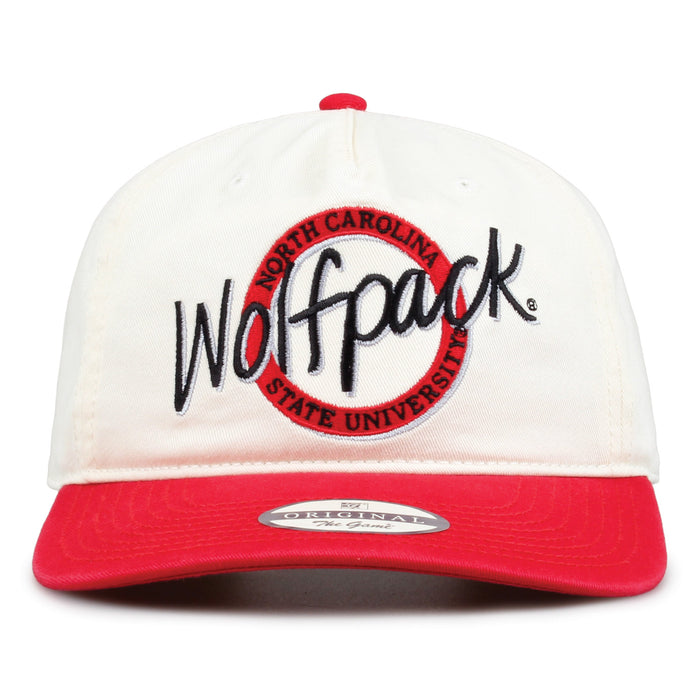 NC State Original Circle snapback hat with embroidered school design, front view