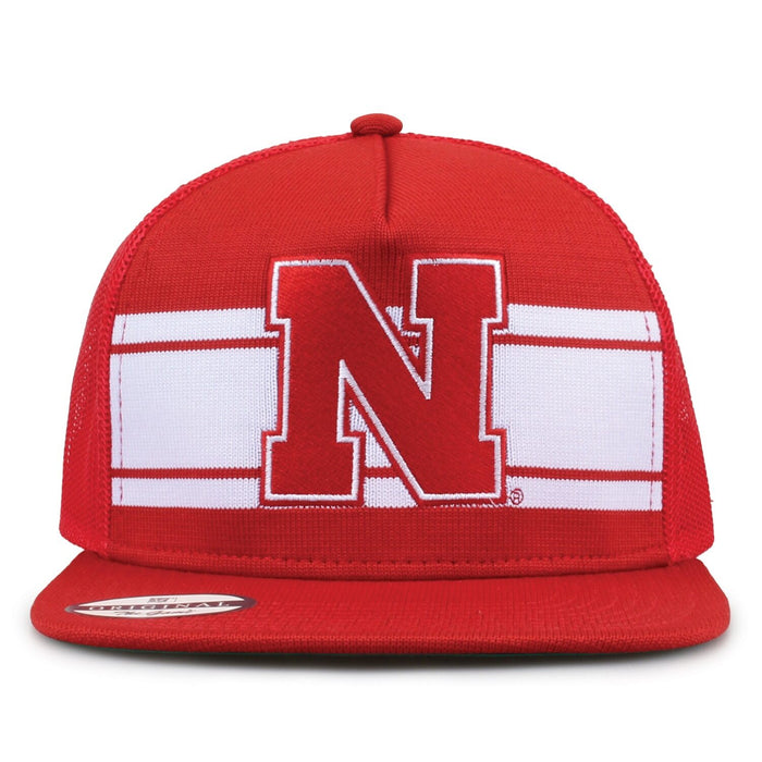 University of Nebraska Class of '92 trucker hat, front view with embroidered logo and stripes