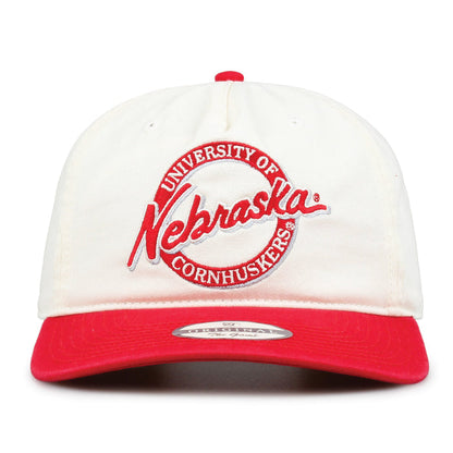 Nebraska Original Circle snapback hat with embroidered school design, front view