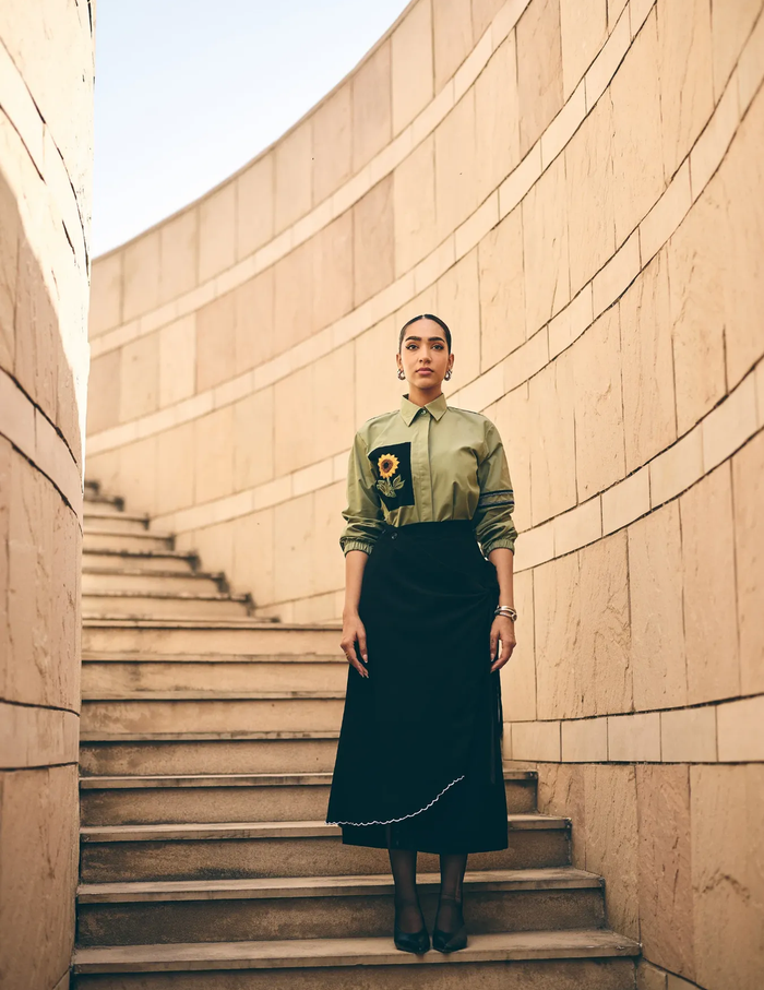 Olive Sunflower Embroidered Shirt crafted in premium cotton, featuring bold sunflower embroidery and a relaxed silhouette for effortless contemporary elegance.
