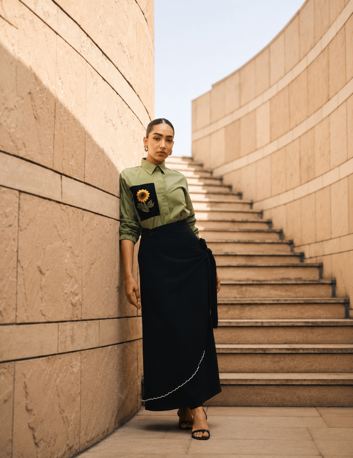 Olive Sunflower Embroidered Shirt crafted in premium cotton, featuring bold sunflower embroidery and a relaxed silhouette for effortless contemporary elegance.