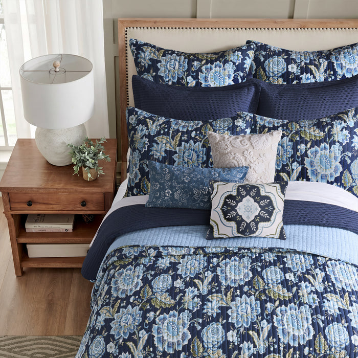 Ophelia Navy Embroidered Velvet Light Blue Pillow 12x24