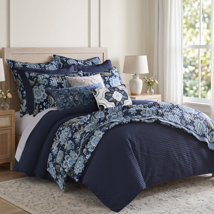 Ophelia Navy Embroidered Velvet Light Blue Pillow 12x24