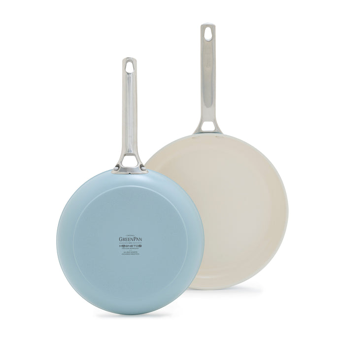 Set of two blue ceramic frypans with metal handles, shown in 8-inch and 10-inch sizes.