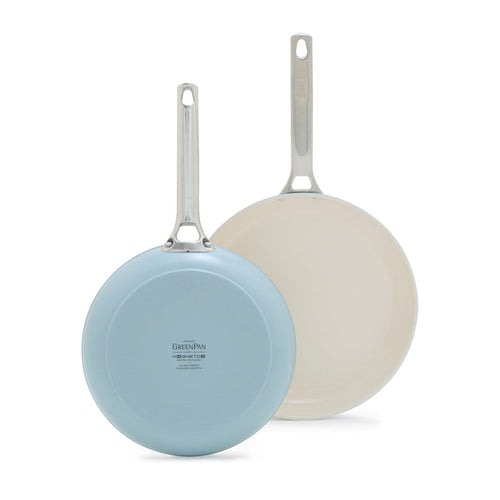 Set of two blue ceramic frypans with metal handles, shown in 8-inch and 10-inch sizes.