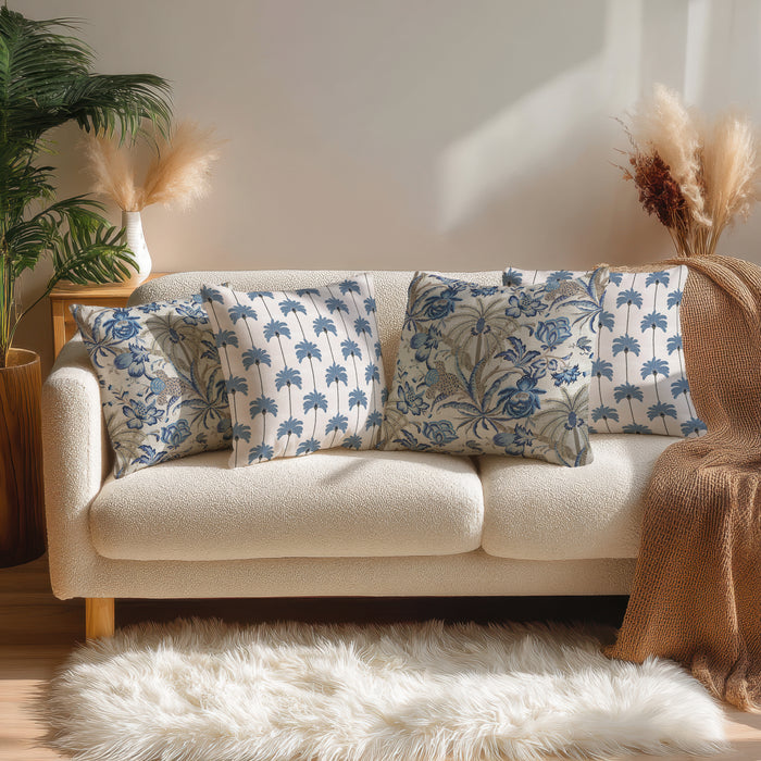 Palm Chintz Cotton Pillow Cover Ecru Blue