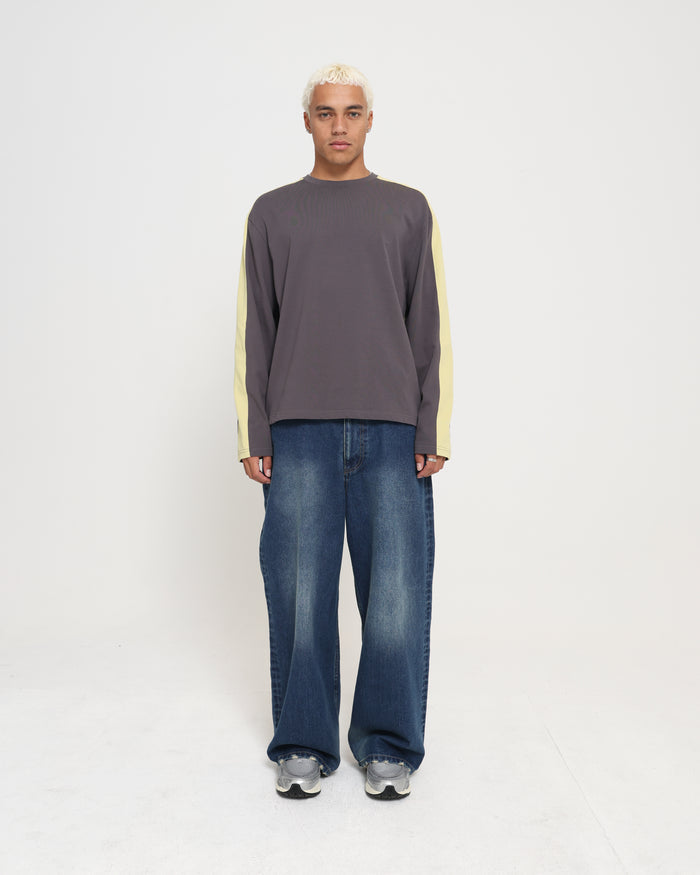 PANELLED LS CROP TEE - CHARCOAL / CITRON