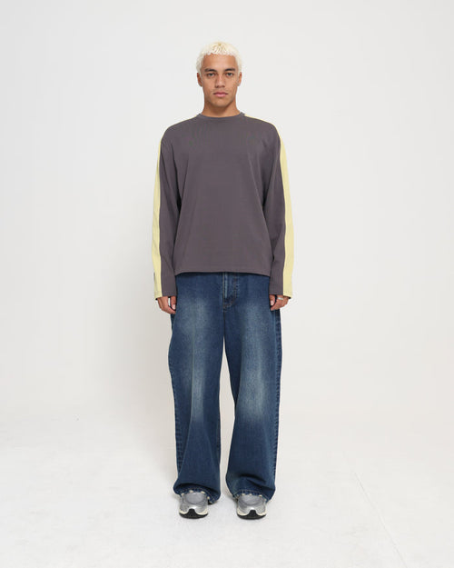 PANELLED LS CROP TEE - CHARCOAL / CITRON