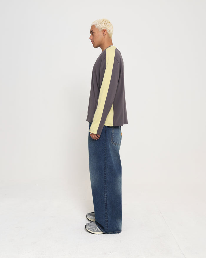 PANELLED LS CROP TEE - CHARCOAL / CITRON
