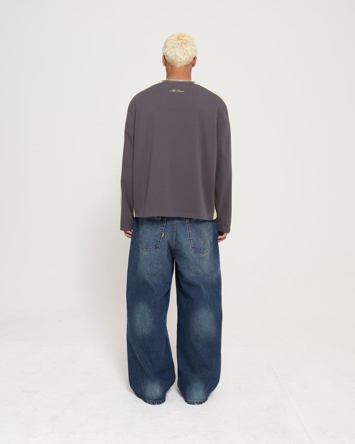 PANELLED LS CROP TEE - CHARCOAL / CITRON