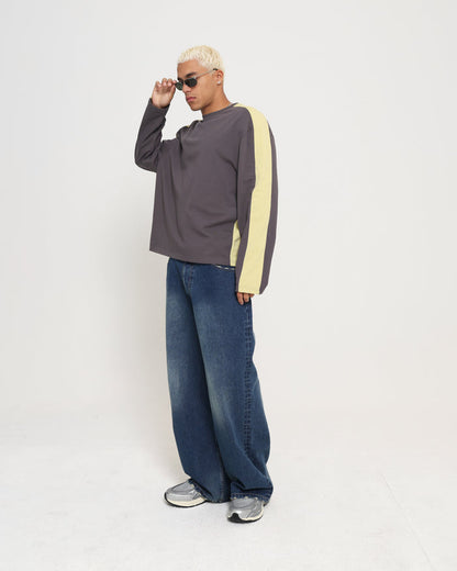 PANELLED LS CROP TEE - CHARCOAL / CITRON
