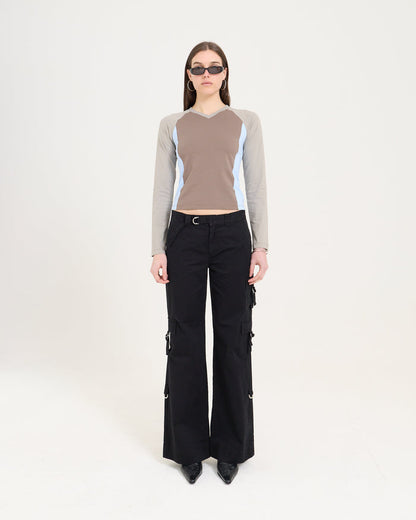 Panelled LS Top - Choc/Taupe/Sky