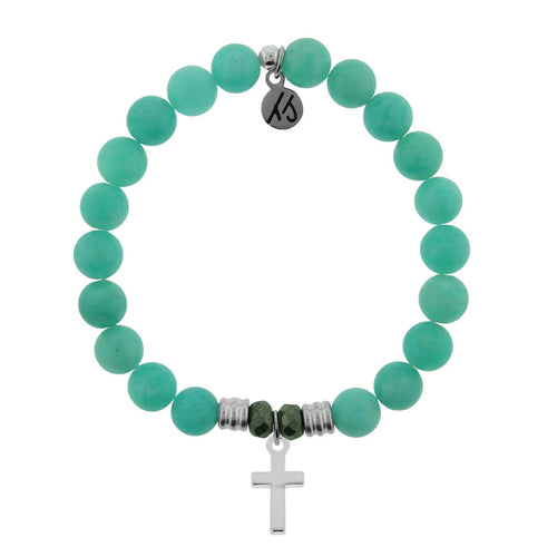 Peruvian Amazonite Stone Bracelet with Cross Sterling Silver Charm Tiffany Jazelle
