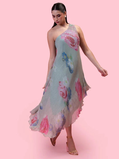 Elegant asymmetric neckline dress