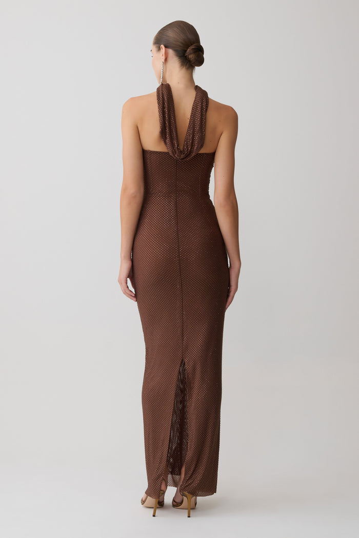 Phi Multi-Wear Cowl Diamante Maxi Dress - Chocolate