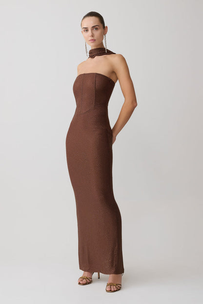 Phi Multi-Wear Cowl Diamante Maxi Dress - Chocolate
