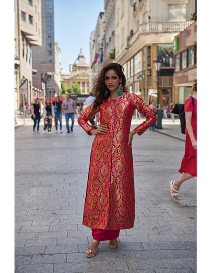 Pink brocade evening wear jacket set for women