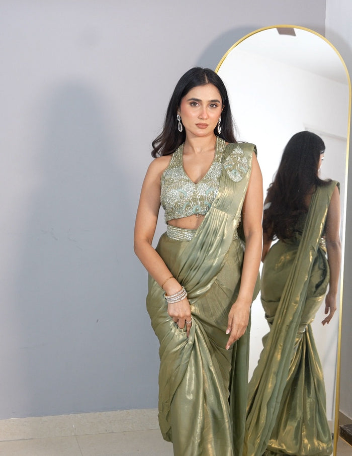 Pista Green Pre- drape Saree