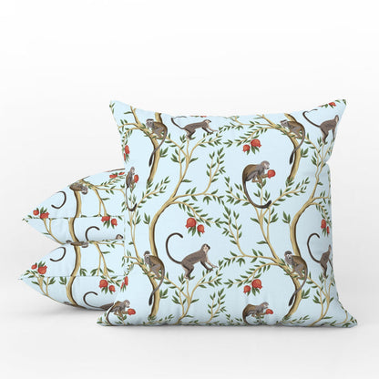 Playful Pomegranate Monkeys Outdoor Pillows Light Blue