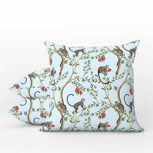 Playful Pomegranate Monkeys Outdoor Pillows Light Blue