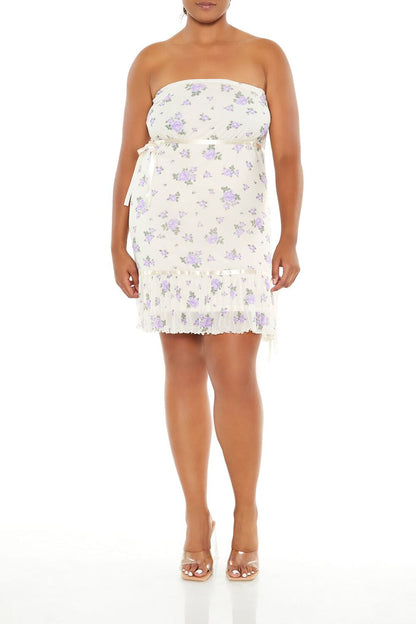 Plus Size Floral Bow Tube Mini Dress