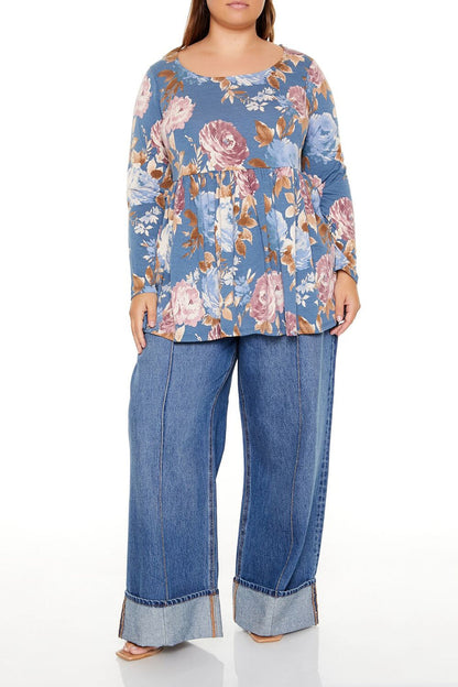 Plus Size Floral Print Flounce Top