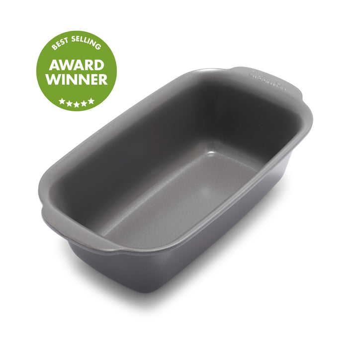 Gray ceramic loaf pan with handles next to a green badge labeled Best Selling Award Winner.