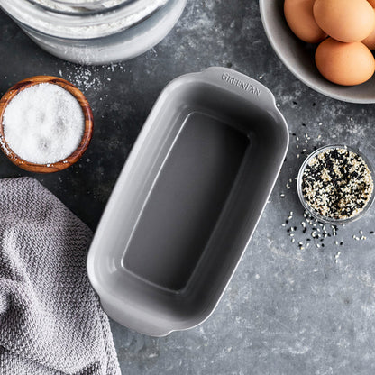 Gray ceramic 1 lb loaf pan with nonstick finish, rectangular shape, single piece.