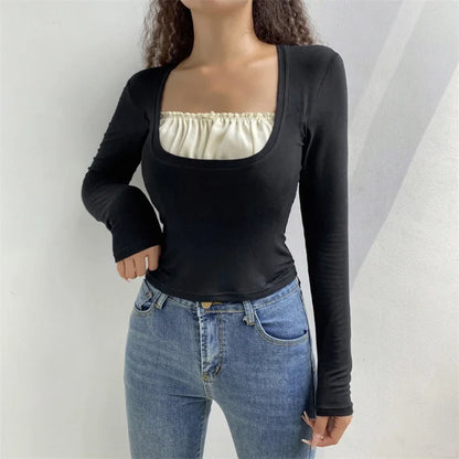 PUFFIE - LONG SLEEVE MOCK TWO PIECE SQUARE-NECK TOP