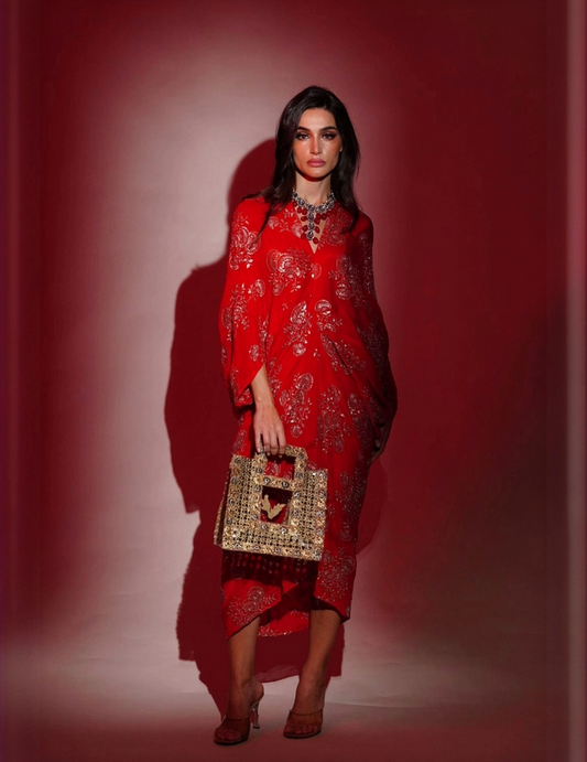 Explore Red Chinon Embroidered Midi Dress by Arab Crab. Elegant designer evening dress in Singapore with worldwide shipping.