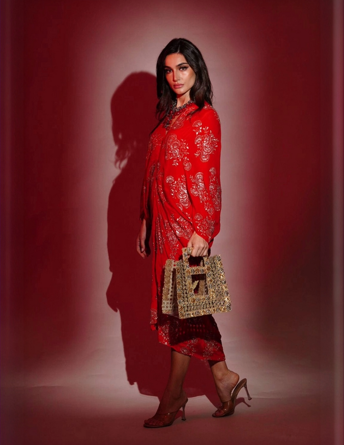Red Chinon Midi Dress