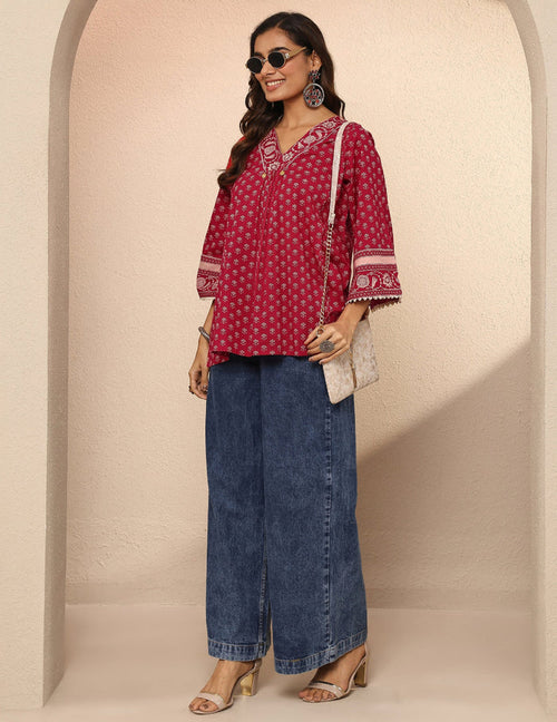 Red Printed Cotton A-Line Short Kurti