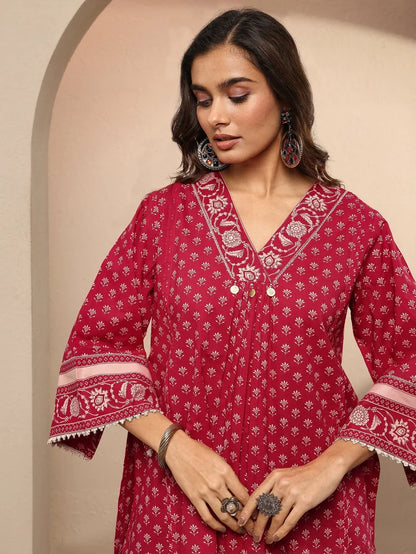 Red Printed Cotton A-Line Short Kurti