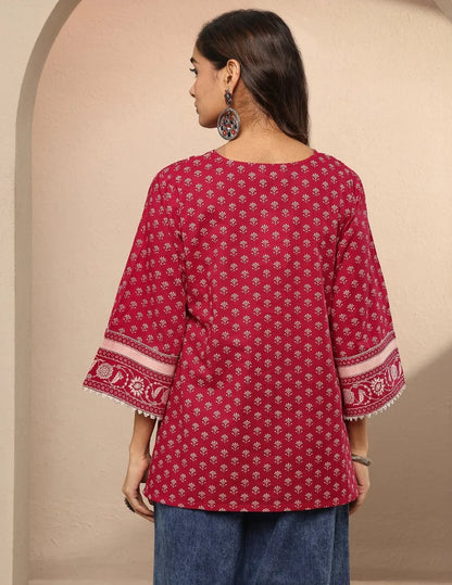 Red Printed Cotton A-Line Short Kurti