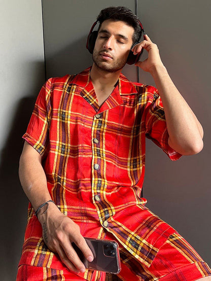 Robert Men's Red Satin Silk Co-ord Set