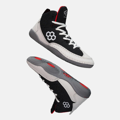 Side and side medial view of the Rudis Courage Youth Wrestling Shoes, Midnight Smoke.