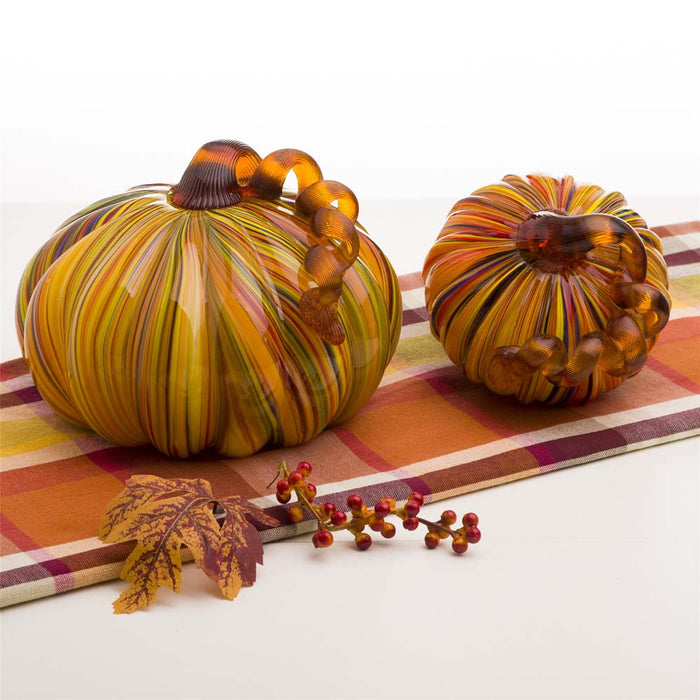 S/2 Multi Striped Glass Short Pumpkin Decor