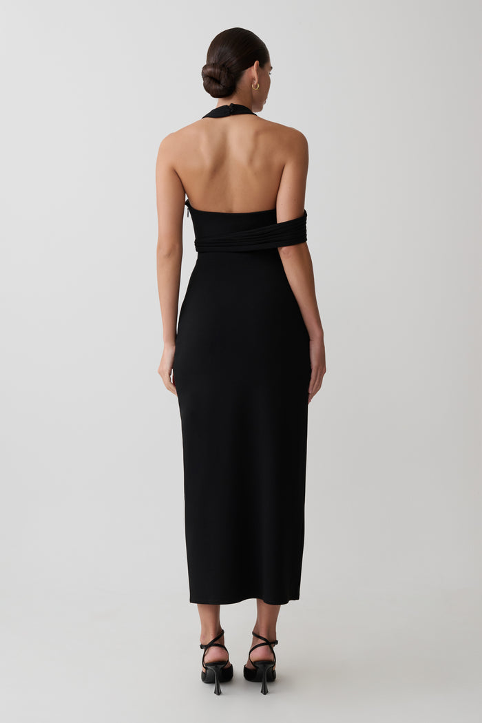 Sable Crossover Crepe Midi Dress - Black