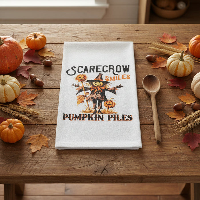 Scarecrow Smiles Pumpkin Piles Flour Sack Towel-Lange General Store