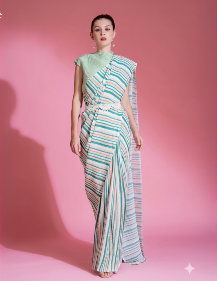 Sea Foam Green Pre-Draped Saree