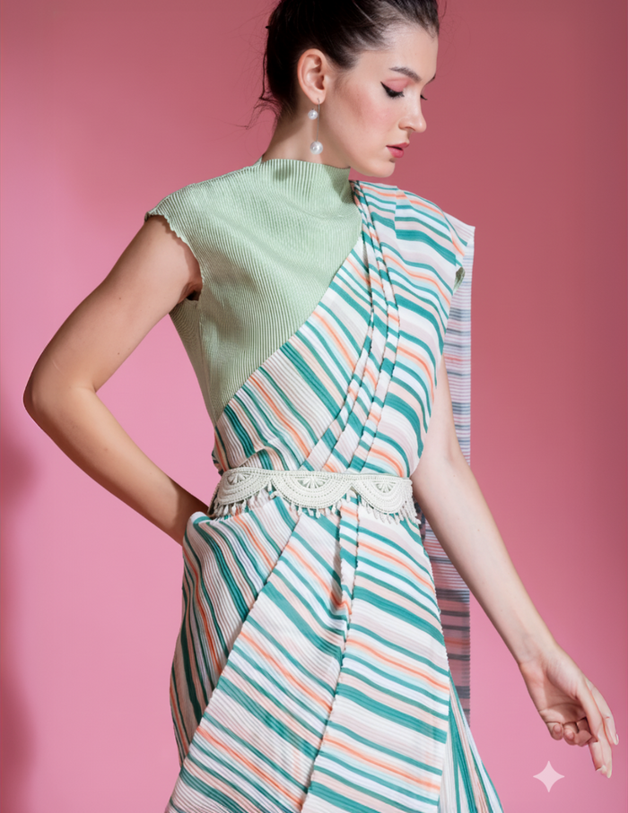 Sea Foam Green Pre-Draped Saree