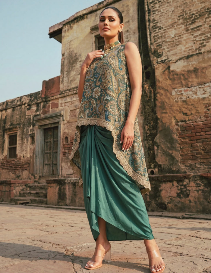 Sea Green Pleated Skirt Set