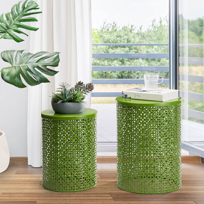 Set of 2 Green Metal Garden Stool or Plant Stand or Accent Table (Multi-functional)