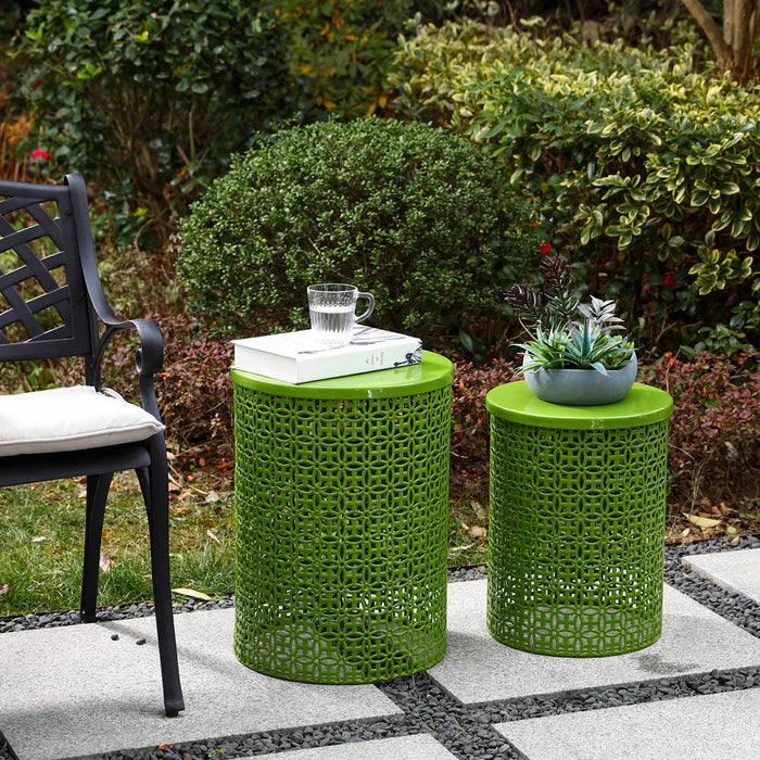 Set of 2 Green Metal Garden Stool or Plant Stand or Accent Table (Multi-functional)