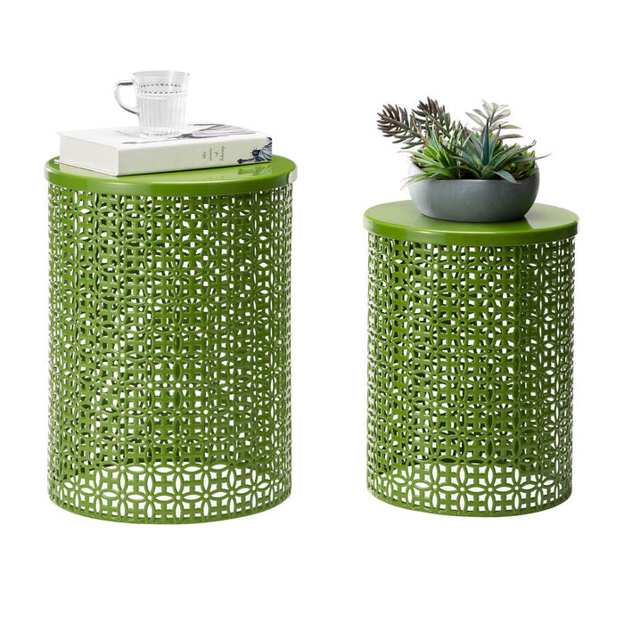 Set of 2 Green Metal Garden Stool or Plant Stand or Accent Table (Multi-functional)