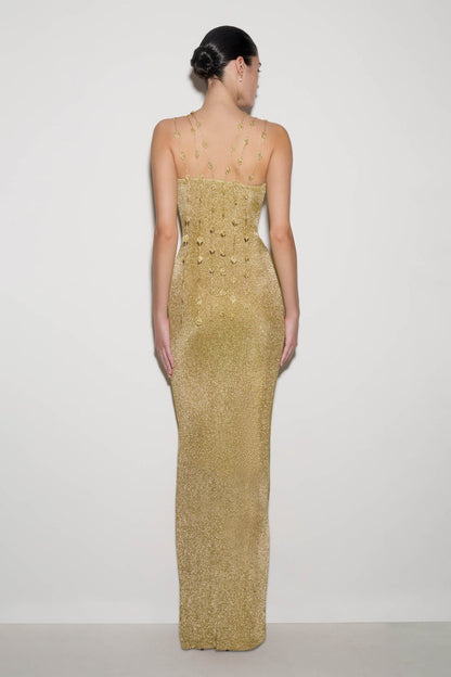 Shami Lurex Maxi Dress With Flowers - Gold