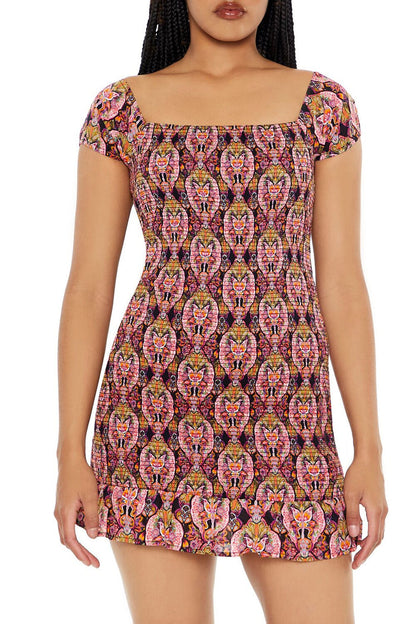 Smocked Ornate Print Mini Dress